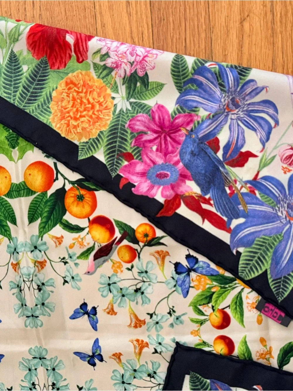 Gorgeous Floral & Citrus Garden Silk scarf- Multicolor 34” sq